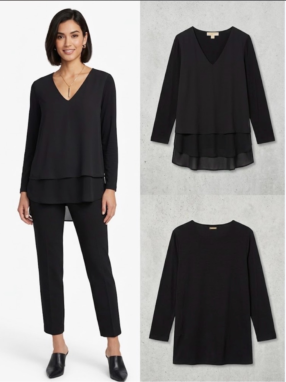 MICHAEL Michael Kors Black Mixed Media Layered V-Neck Tunic Top Petite M